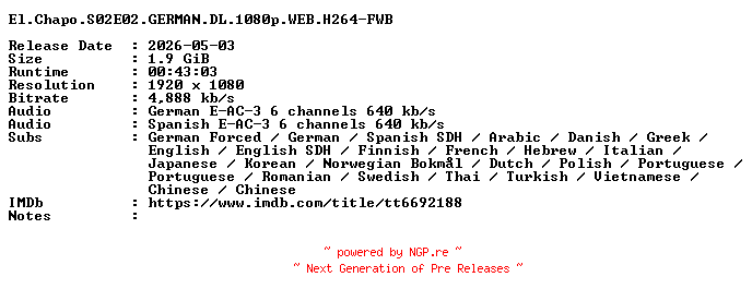 NFO for the release El.Chapo.S02E02.GERMAN.DL.1080p.WEB.H264-FWB by FWB