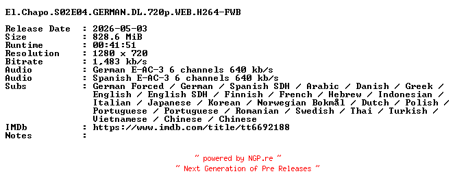 NFO for the release El.Chapo.S02E04.GERMAN.DL.720p.WEB.H264-FWB by FWB