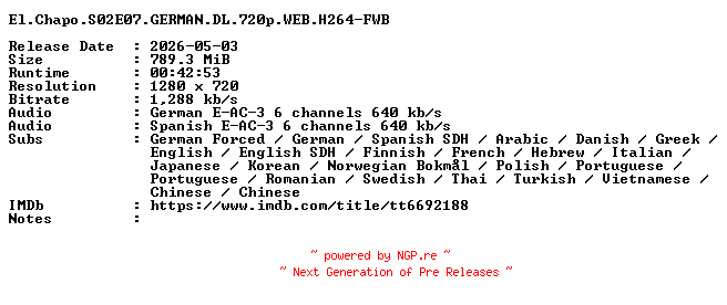 NFO for the release El.Chapo.S02E07.GERMAN.DL.720p.WEB.H264-FWB by FWB