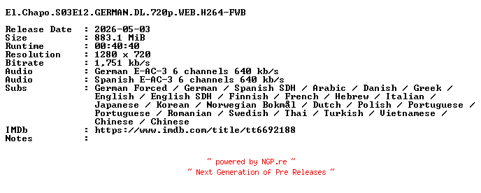NFO for the release El.Chapo.S03E12.GERMAN.DL.720p.WEB.H264-FWB by FWB