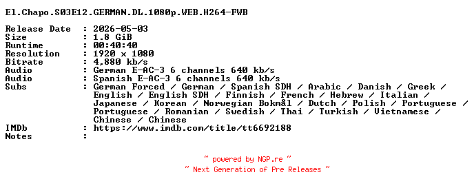 NFO for the release El.Chapo.S03E12.GERMAN.DL.1080p.WEB.H264-FWB by FWB