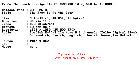 NFO for the release Ex.On.The.Beach.Sverige.S10E01.SWEDiSH.1080p.WEB.h264-INGRID by INGRID