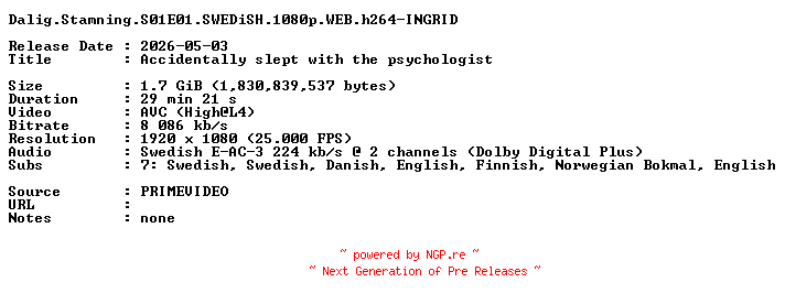 NFO for the release Dalig.Stamning.S01E01.SWEDiSH.1080p.WEB.h264-INGRID by INGRID