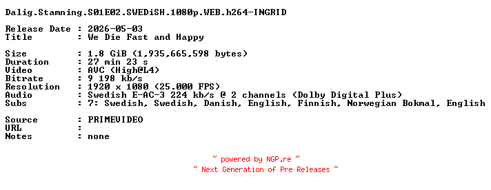 NFO for the release Dalig.Stamning.S01E02.SWEDiSH.1080p.WEB.h264-INGRID by INGRID