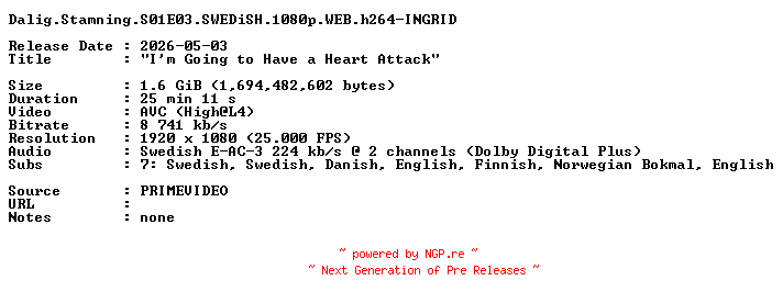NFO for the release Dalig.Stamning.S01E03.SWEDiSH.1080p.WEB.h264-INGRID by INGRID