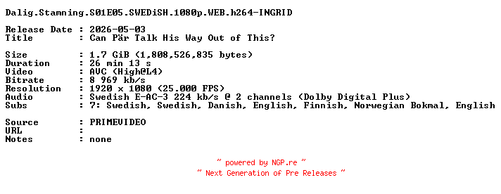 NFO for the release Dalig.Stamning.S01E05.SWEDiSH.1080p.WEB.h264-INGRID by INGRID