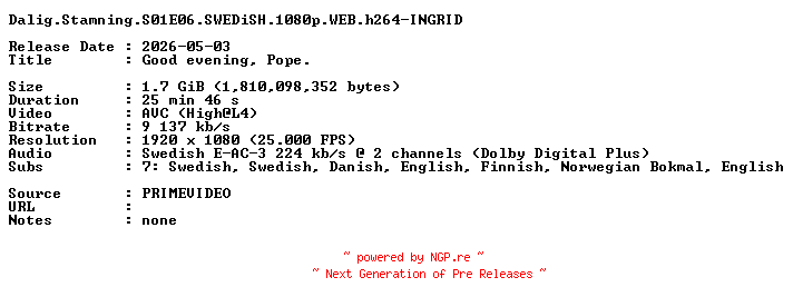 NFO for the release Dalig.Stamning.S01E06.SWEDiSH.1080p.WEB.h264-INGRID by INGRID