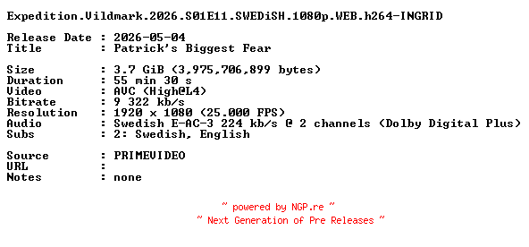 NFO for the release Expedition.Vildmark.2026.S01E11.SWEDiSH.1080p.WEB.h264-INGRID by INGRID