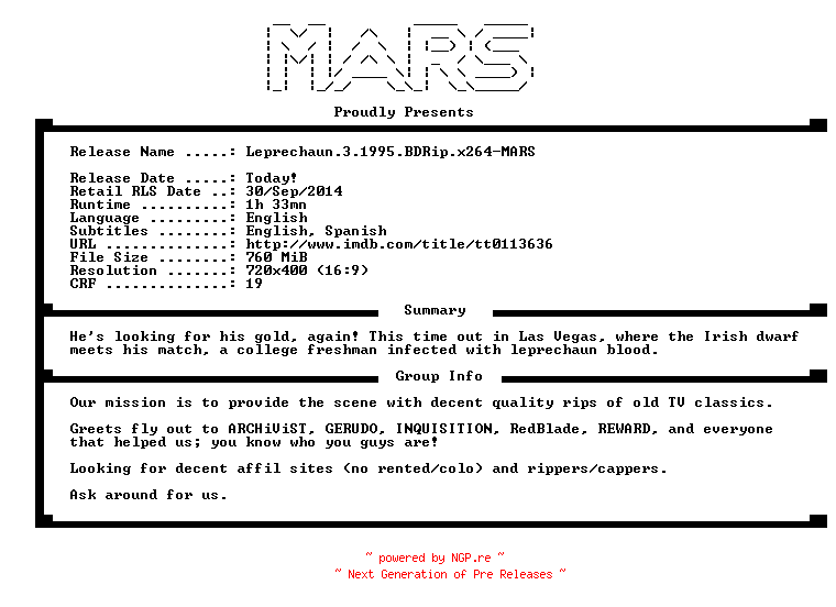 NFO for the release Leprechaun.3.1995.iNTERNAL.BDRip.x264-MARS by MARS