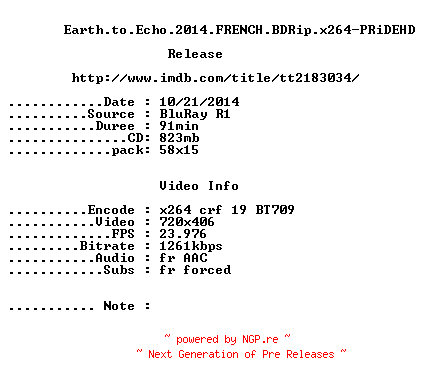 NFO for the release Earth.to.Echo.2014.FRENCH.BDRip.x264-PRiDEHD by PRiDEHD