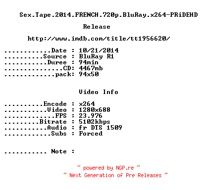 NFO for the release Sex.Tape.2014.FRENCH.720p.BluRay.x264-PRiDEHD by PRiDEHD