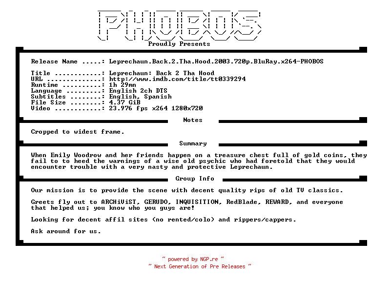 NFO for the release Leprechaun.Back.2.Tha.Hood.2003.720p.BluRay.x264-PHOBOS by PHOBOS