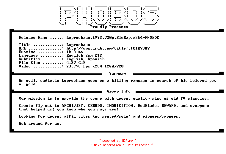 NFO for the release Leprechaun.1993.720p.BluRay.x264-PHOBOS by PHOBOS