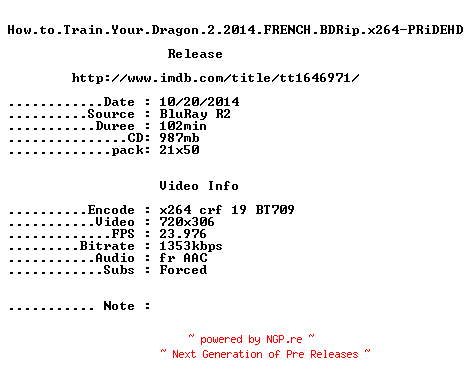 NFO for the release How.to.Train.Your.Dragon.2.2014.FRENCH.BDRip.x264-PRiDEHD by PRiDEHD