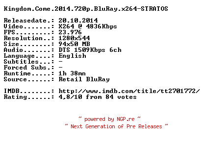 NFO for the release Kingdom.Come.2014.720p.BluRay.x264-STRATOS by STRATOS