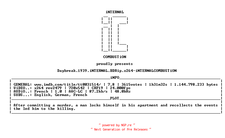 NFO for the release Daybreak.1939.iNTERNAL.BDRip.x264-iNTERNALCOMBUSTiON by iNTERNALCOMBUSTiON