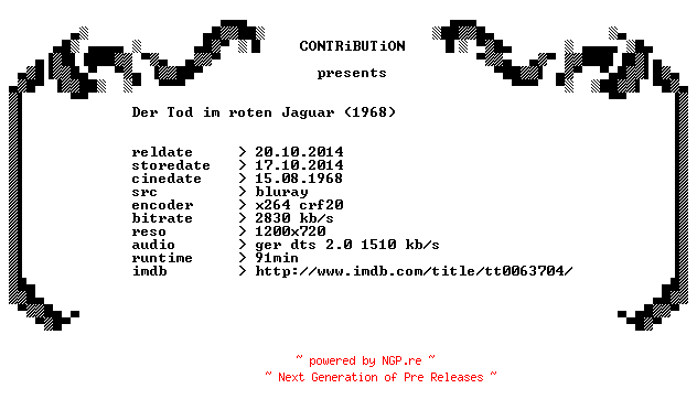 NFO for the release Der.Tod.im.roten.Jaguar.1968.German.720p.BluRay.x264-CONTRiBUTiON by CONTRiBUTiON
