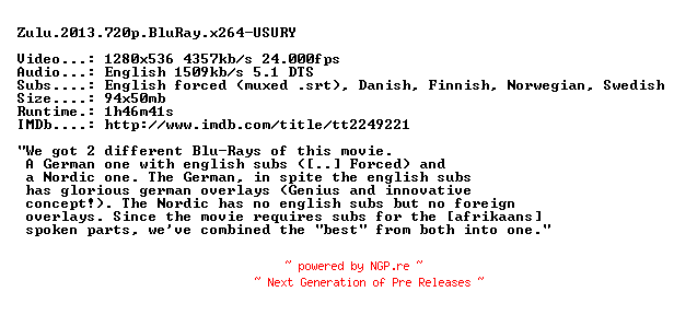 NFO for the release Zulu.2013.720p.BluRay.x264-USURY by USURY