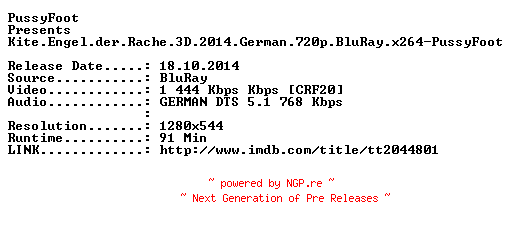 NFO for the release Kite.Engel.der.Rache.3D.2014.German.720p.BluRay.x264-PussyFoot by PussyFoot