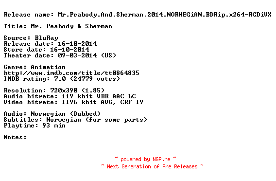 NFO for the release Mr.Peabody.And.Sherman.2014.NORWEGiAN.BDRip.x264-RCDiVX by RCDiVX