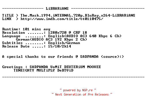 NFO for the release The.Mask.1994.iNTERNAL.720p.BluRay.x264-LiBRARiANS by LiBRARiANS
