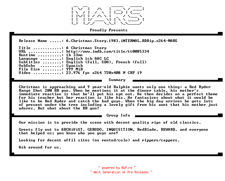 NFO for the release A.Christmas.Story.1983.iNTERNAL.BDRip.x264-MARS by MARS