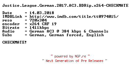 NFO for the release Justice.League.German.2017.AC3.BDRip.x264-CHECKMATE by CHECKMATE
