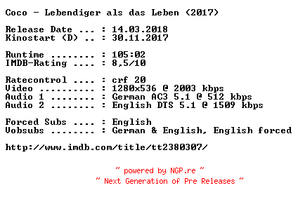 NFO for the release Coco.Lebendiger.als.das.Leben.2017.German.DL.720p.BluRay.x264-COiNCiDENCE by COiNCiDENCE