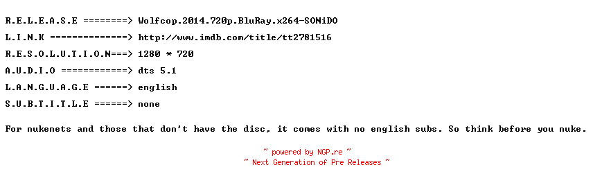NFO for the release Wolfcop.2014.720p.BluRay.x264-SONiDO by SONiDO