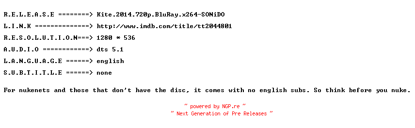 NFO for the release Kite.2014.720p.BluRay.x264-SONiDO by SONiDO