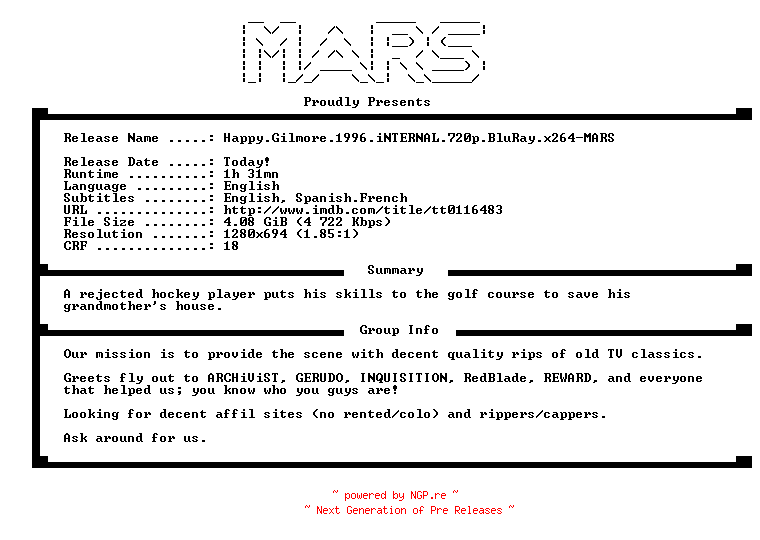 NFO for the release Happy.Gilmore.1996.iNTERNAL.720p.BluRay.x264-MARS by MARS