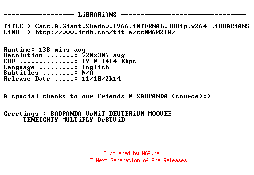 NFO for the release Cast.A.Giant.Shadow.1966.iNTERNAL.BDRip.x264-LiBRARiANS by LiBRARiANS