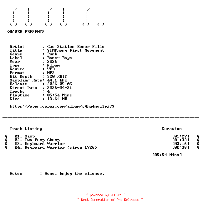 NFO for the release Gas_Station_Boner_Pills-SIMPhony_First_Movement-EP-WEB-2026-QUAVER by QUAVER