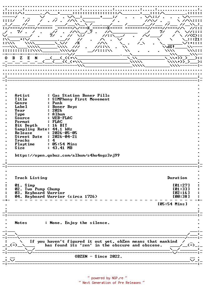 NFO for the release Gas_Station_Boner_Pills-SIMPhony_First_Movement-EP-16BIT-WEB-FLAC-2026-OBZEN by OBZEN