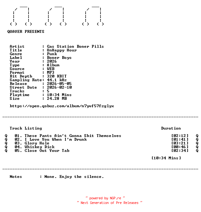 NFO for the release Gas_Station_Boner_Pills-UnHappy_Hour-EP-WEB-2026-QUAVER by QUAVER