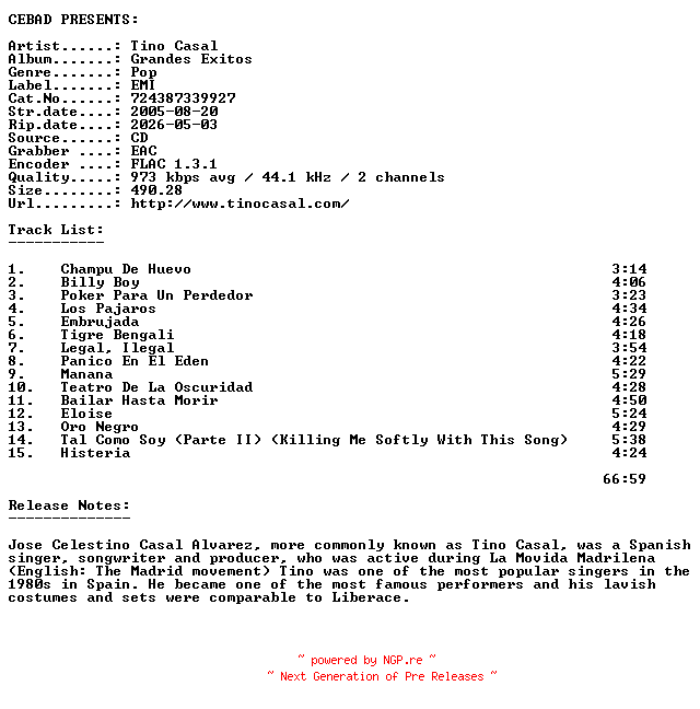 NFO for the release Tino_Casal-Grandes_Exitos-(724387339927)-ES-CD-FLAC-2005-CEBAD by CEBAD