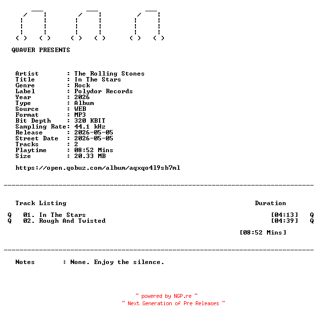 NFO for the release The_Rolling_Stones-In_The_Stars-DIGITAL_45-WEB-2026-QUAVER by QUAVER