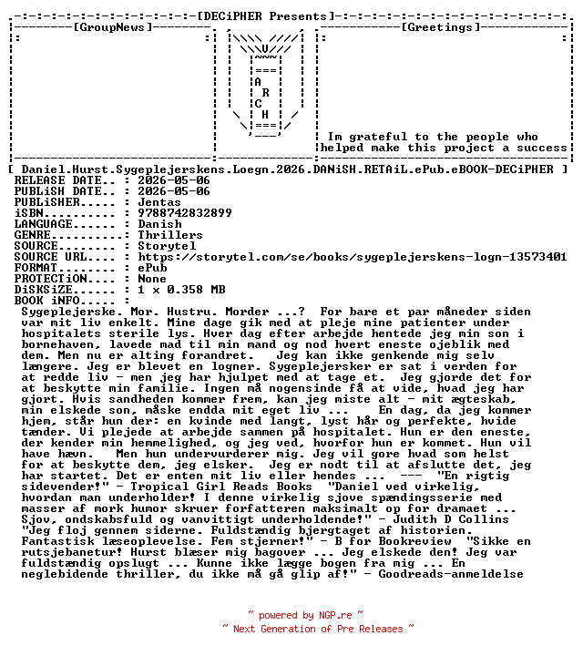 NFO for the release Daniel.Hurst.Sygeplejerskens.Loegn.2026.DANiSH.RETAiL.ePub.eBOOK-DECiPHER by DECiPHER