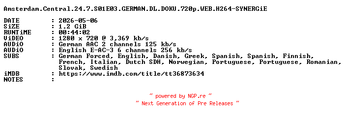 NFO for the release Amsterdam.Central.24.7.S01E03.GERMAN.DL.DOKU.720p.WEB.H264-SYNERGiE by SYNERGiE