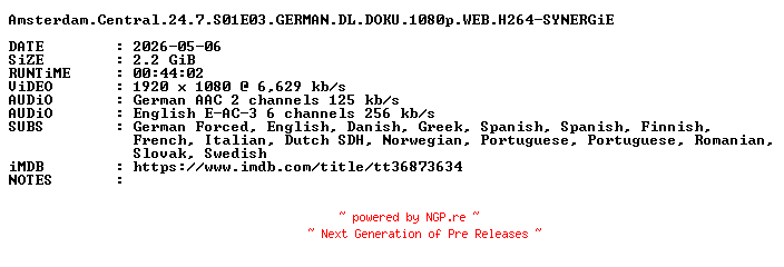 NFO for the release Amsterdam.Central.24.7.S01E03.GERMAN.DL.DOKU.1080p.WEB.H264-SYNERGiE by SYNERGiE