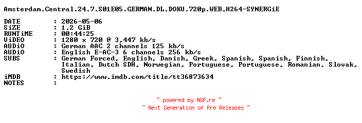 NFO for the release Amsterdam.Central.24.7.S01E05.GERMAN.DL.DOKU.720p.WEB.H264-SYNERGiE by SYNERGiE