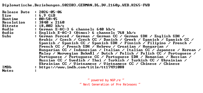 NFO for the release Diplomatische.Beziehungen.S02E03.GERMAN.DL.DV.2160p.WEB.H265-FWB by FWB