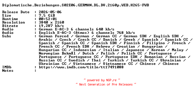 NFO for the release Diplomatische.Beziehungen.S02E06.GERMAN.DL.DV.2160p.WEB.H265-FWB by FWB