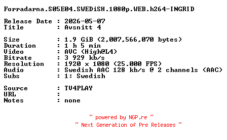 NFO for the release Forradarna.S05E04.SWEDiSH.1080p.WEB.h264-INGRID by INGRID