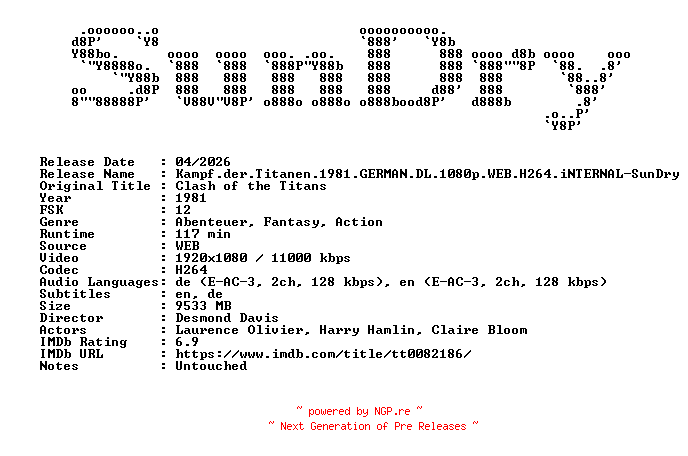 NFO for the release Kampf.der.Titanen.1981.GERMAN.DL.1080p.WEB.H264.iNTERNAL-SunDry by SunDry