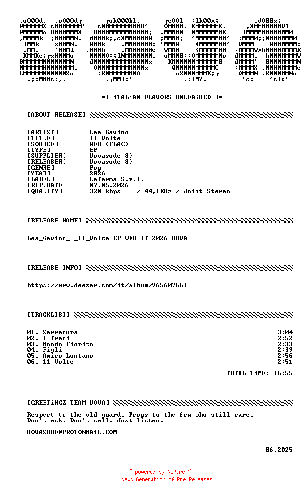 NFO for the release Lea_Gavino_-_11_Volte-EP-WEB-IT-2026-UOVA by UOVA