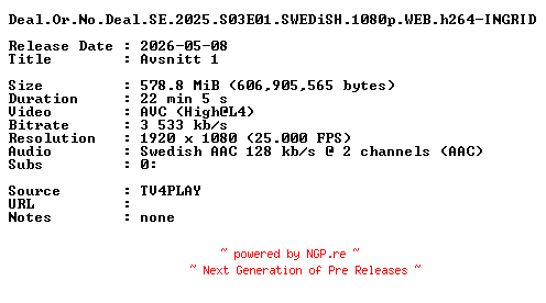 NFO for the release Deal.Or.No.Deal.SE.2025.S03E01.SWEDiSH.1080p.WEB.h264-INGRID by INGRID