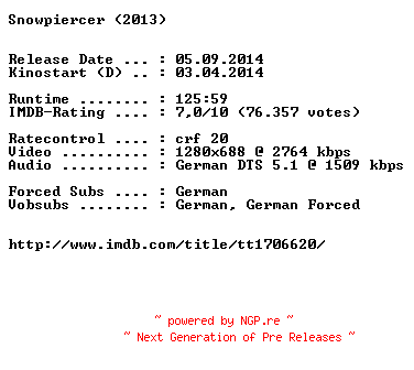 NFO for the release Snowpiercer.German.720p.BluRay.x264-EXQUiSiTE by EXQUiSiTE