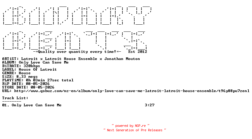 NFO for the release Latroit_x_Latroit_House_Ensemble_x_Jonathan_Mouton-Only_Love_Can_Save_Me-(HOL1001)-SINGLE-WEB-2026-BB by BB