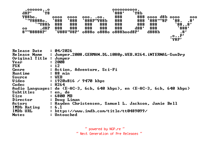 NFO for the release Jumper.2008.GERMAN.DL.1080p.WEB.H264.iNTERNAL-SunDry by SunDry